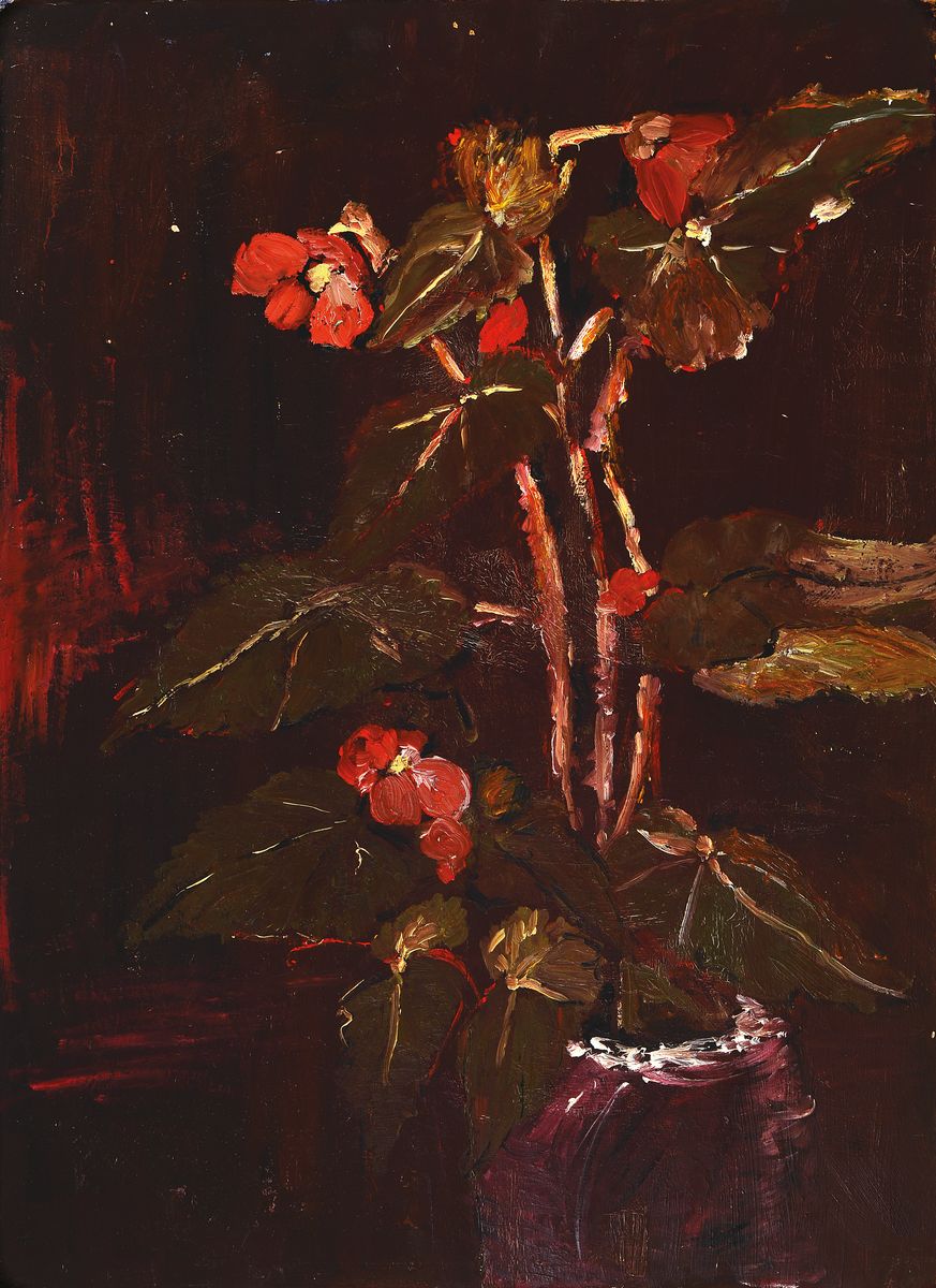 Heide Fahlbusch, 1939 - 2019, "Blumenmotiv",Topfpflanze, atmosphärisch leuchtende Farbigkeit, Öl/Pressplatte, ungerahmt, verso bez., um ...