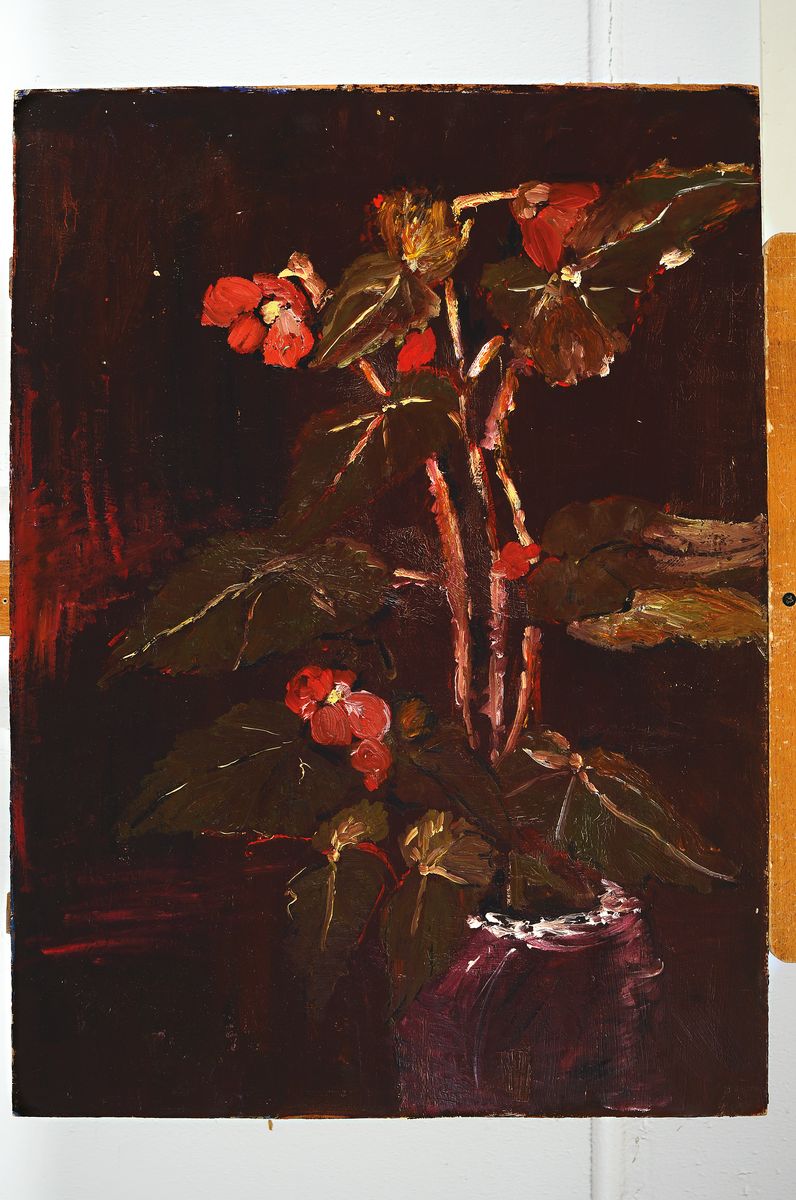 Detail k: Heide Fahlbusch, 1939 - 2019, "Blumenmotiv",Topfpflanze, atmosphärisch leuchtende Farbigkeit, Öl/Pressplatte, ungerahmt, verso bez., um ...