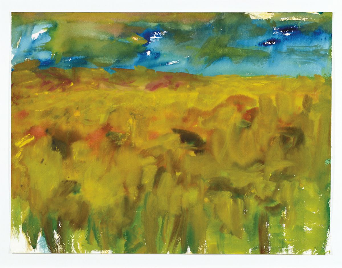 Heide Fahlbusch, 1939 - 2019, "Sonnenblumen", Landschaft mit Sonnenblumenfeld, Aquarell/Papier, signiert und datiert 2008, unter Glas ...