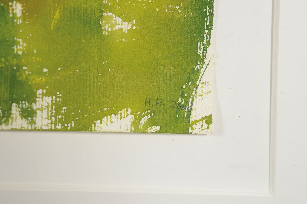 Detail a: Heide Fahlbusch, 1939 - 2019, "Sonnenblumen", Landschaft mit Sonnenblumenfeld, Aquarell/Papier, signiert und datiert 2008, unter Glas ...