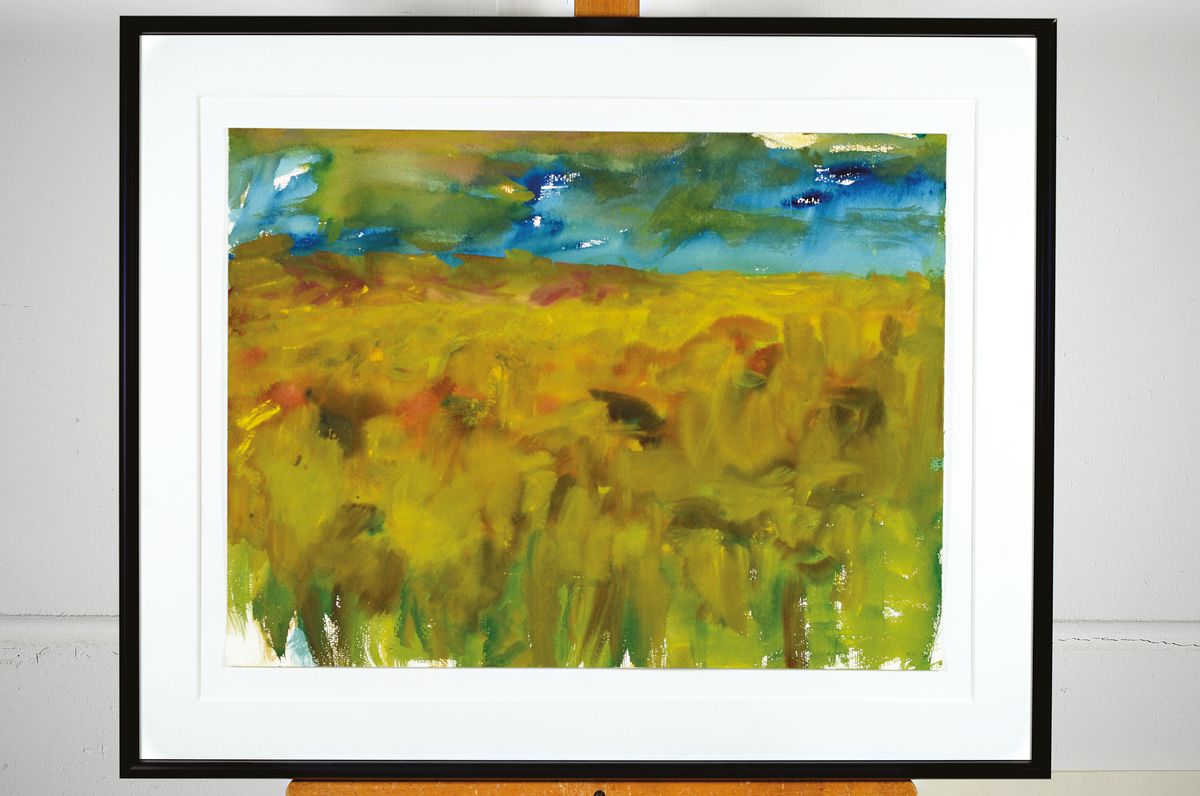 Detail k: Heide Fahlbusch, 1939 - 2019, "Sonnenblumen", Landschaft mit Sonnenblumenfeld, Aquarell/Papier, signiert und datiert 2008, unter Glas ...
