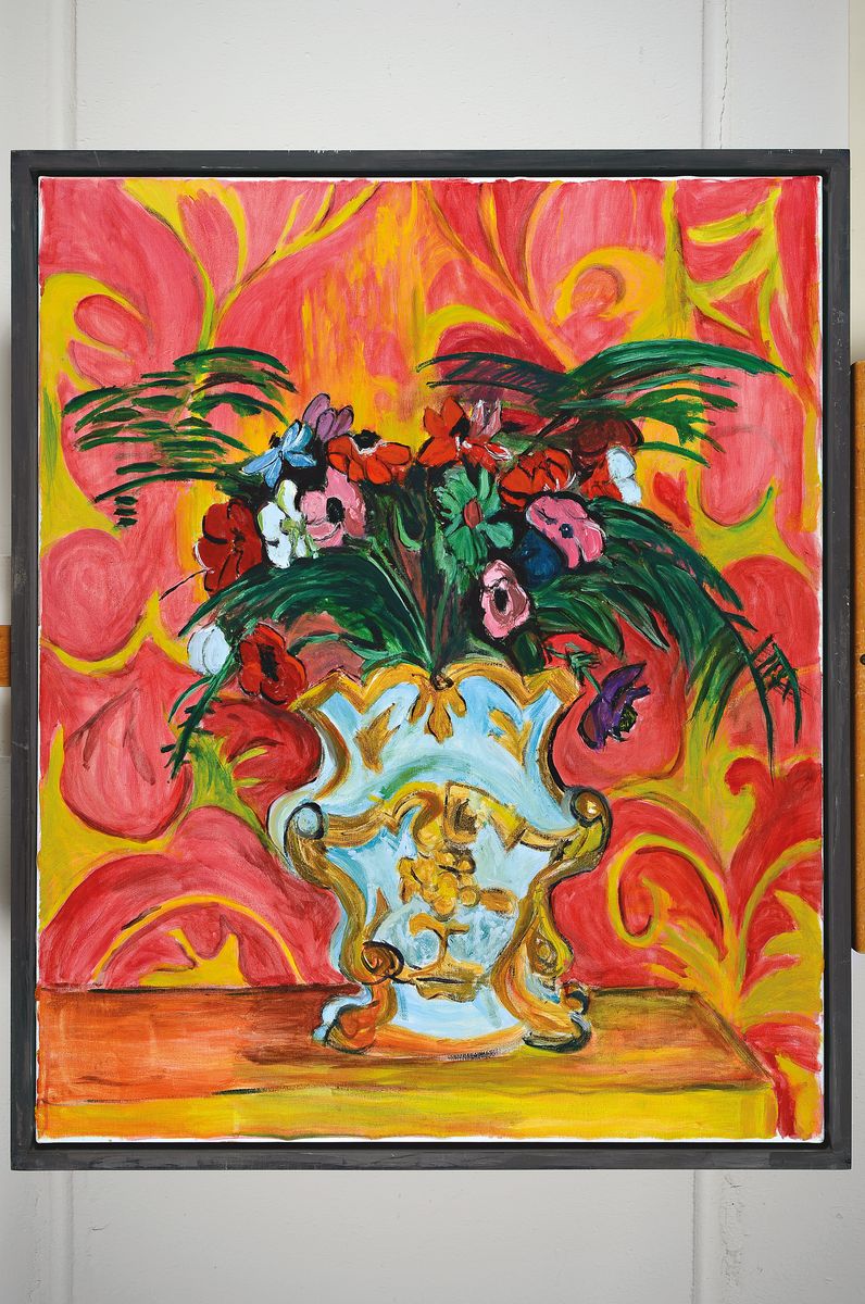 Detail k: Heide Fahlbusch, 1939 - 2019, "Blumen in Vase", Duktus und Farbigkeit in expressiver Manier, Motiv nach Hans Purrmann (1880-1966), verso ...