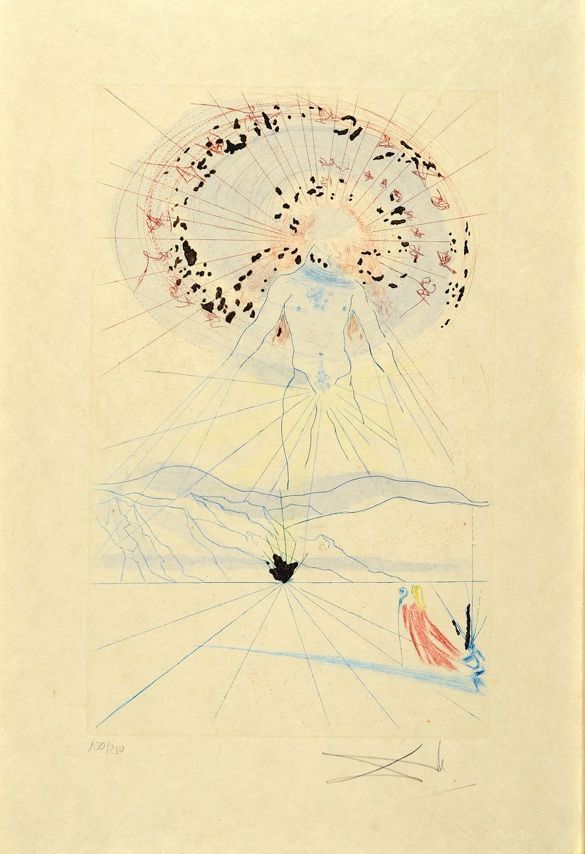 Salvador Dali, 1904-1989, Der Bräutigam hüpft über die Berge, aus der Serie: Das Hohe Lied des Salomon von 1971, Radierung mit Pochoir und ...
