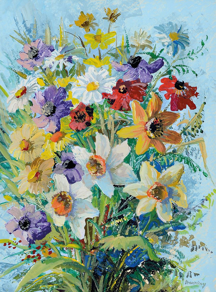 Straetling, deutscher Maler der 2. Hälfte des 20.Jh., zwei Aquarelle, Blumenstillleben mit bunten Sommerblumen und Flieder und Pfingstrosen, ...