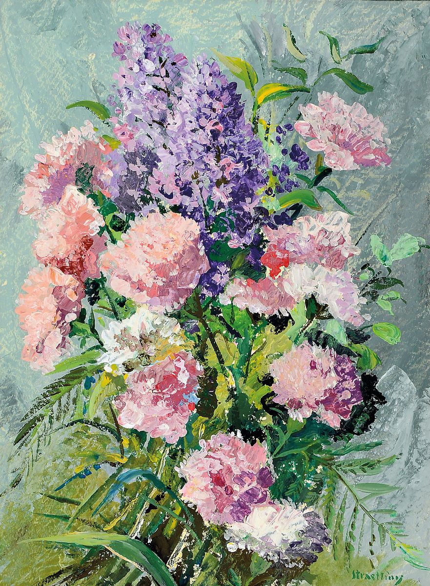 Detail a: Straetling, deutscher Maler der 2. Hälfte des 20.Jh., zwei Aquarelle, Blumenstillleben mit bunten Sommerblumen und Flieder und Pfingstrosen, ...
