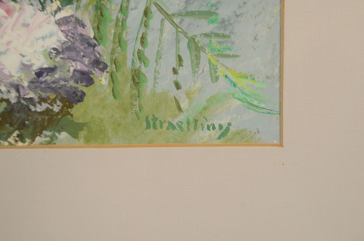 Detail b: Straetling, deutscher Maler der 2. Hälfte des 20.Jh., zwei Aquarelle, Blumenstillleben mit bunten Sommerblumen und Flieder und Pfingstrosen, ...