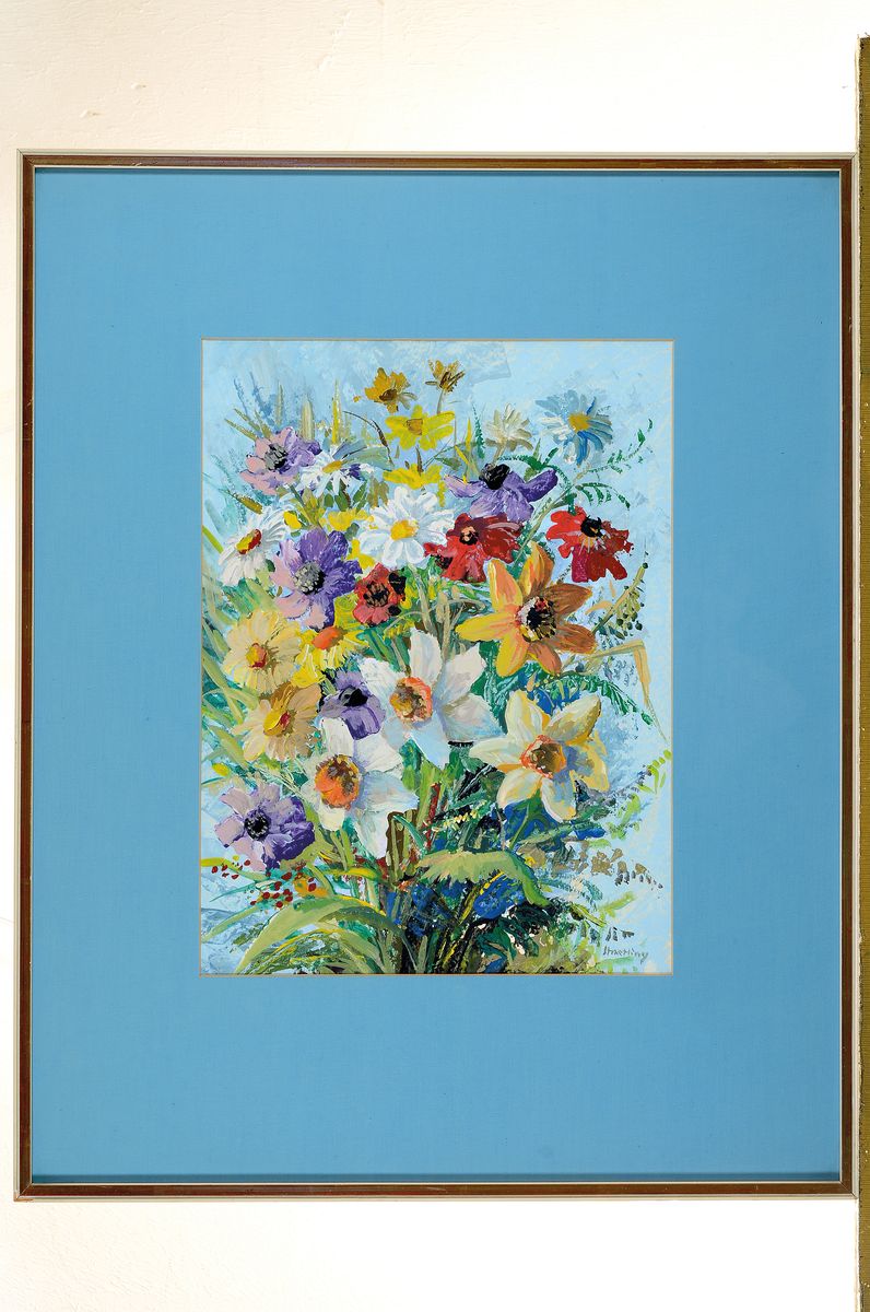 Detail k: Straetling, deutscher Maler der 2. Hälfte des 20.Jh., zwei Aquarelle, Blumenstillleben mit bunten Sommerblumen und Flieder und Pfingstrosen, ...