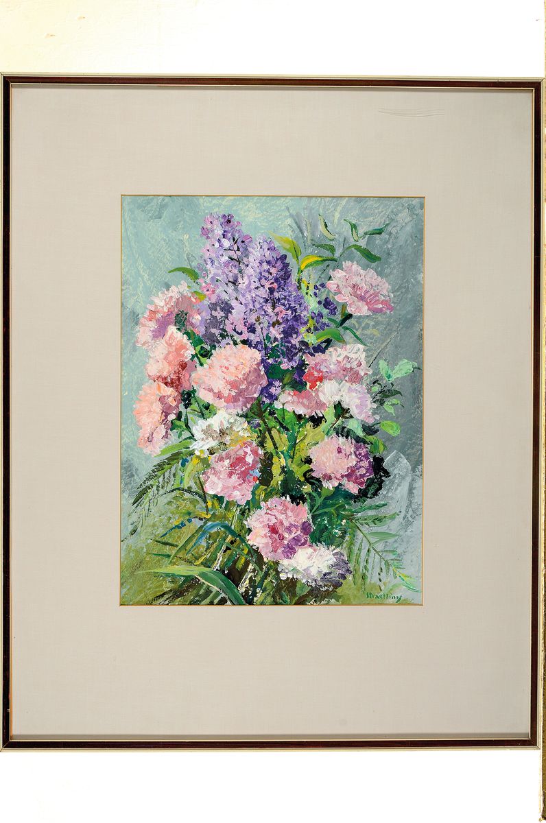 Detail l: Straetling, deutscher Maler der 2. Hälfte des 20.Jh., zwei Aquarelle, Blumenstillleben mit bunten Sommerblumen und Flieder und Pfingstrosen, ...