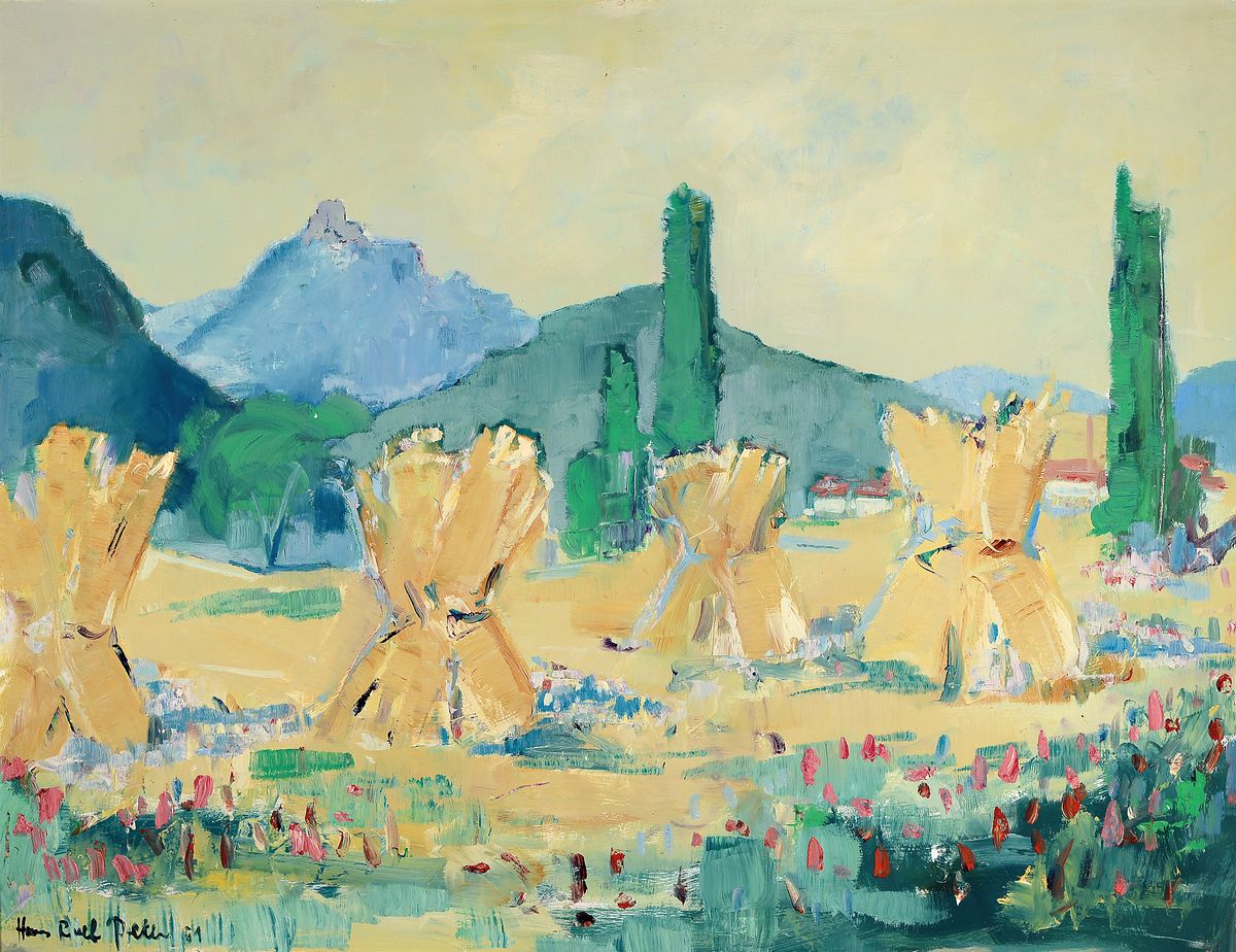 Hans Rolf Peter, 1926 - 2020 Neustadt an der Weinstr., pfälzer Erntelandschaft mit Hambacher Schloß im Hintergrund, signiert und datiert 61, ...