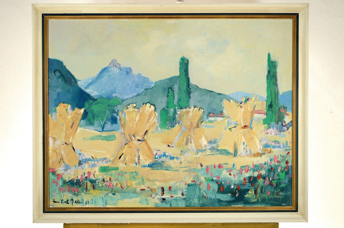 Detail k: Hans Rolf Peter, 1926 - 2020 Neustadt an der Weinstr., pfälzer Erntelandschaft mit Hambacher Schloß im Hintergrund, signiert und datiert 61, ...