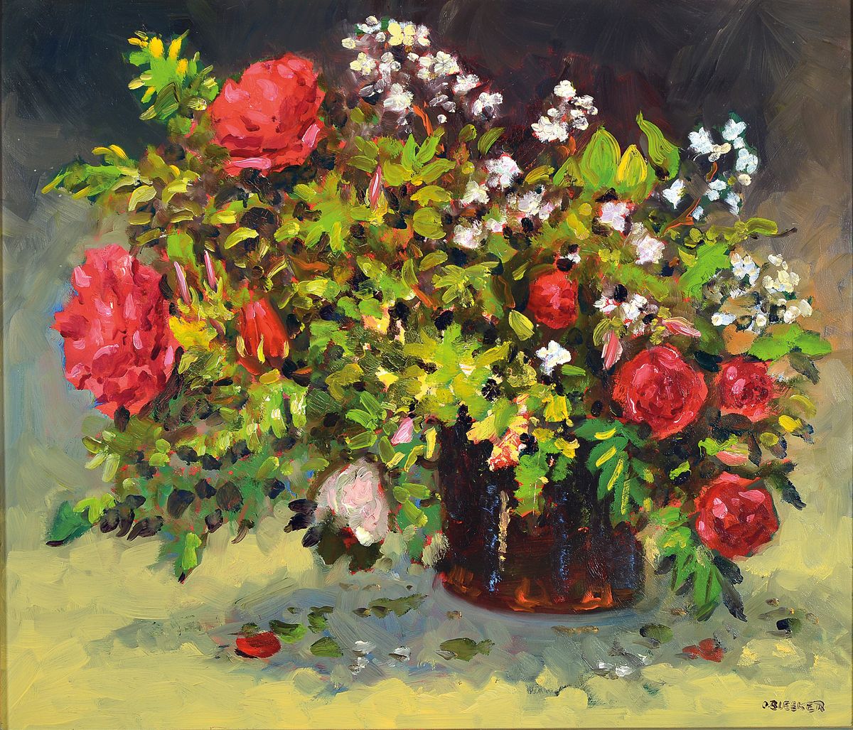 Otfried Bleeker, 1925 - 2009, reiches Blumenstillleben mit roten Pfingstrosen, signiert, Öl/Platte, vergoldeter Rahmen mit Akanthusblattdekor, 75x83 ...