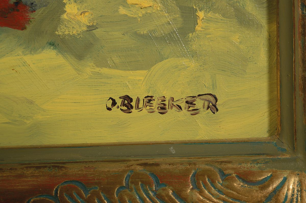 Detail a: Otfried Bleeker, 1925 - 2009, reiches Blumenstillleben mit roten Pfingstrosen, signiert, Öl/Platte, vergoldeter Rahmen mit Akanthusblattdekor, 75x83 ...