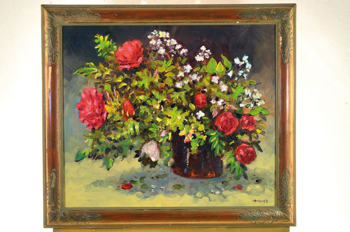 Detail k: Otfried Bleeker, 1925 - 2009, reiches Blumenstillleben mit roten Pfingstrosen, signiert, Öl/Platte, vergoldeter Rahmen mit Akanthusblattdekor, 75x83 ...