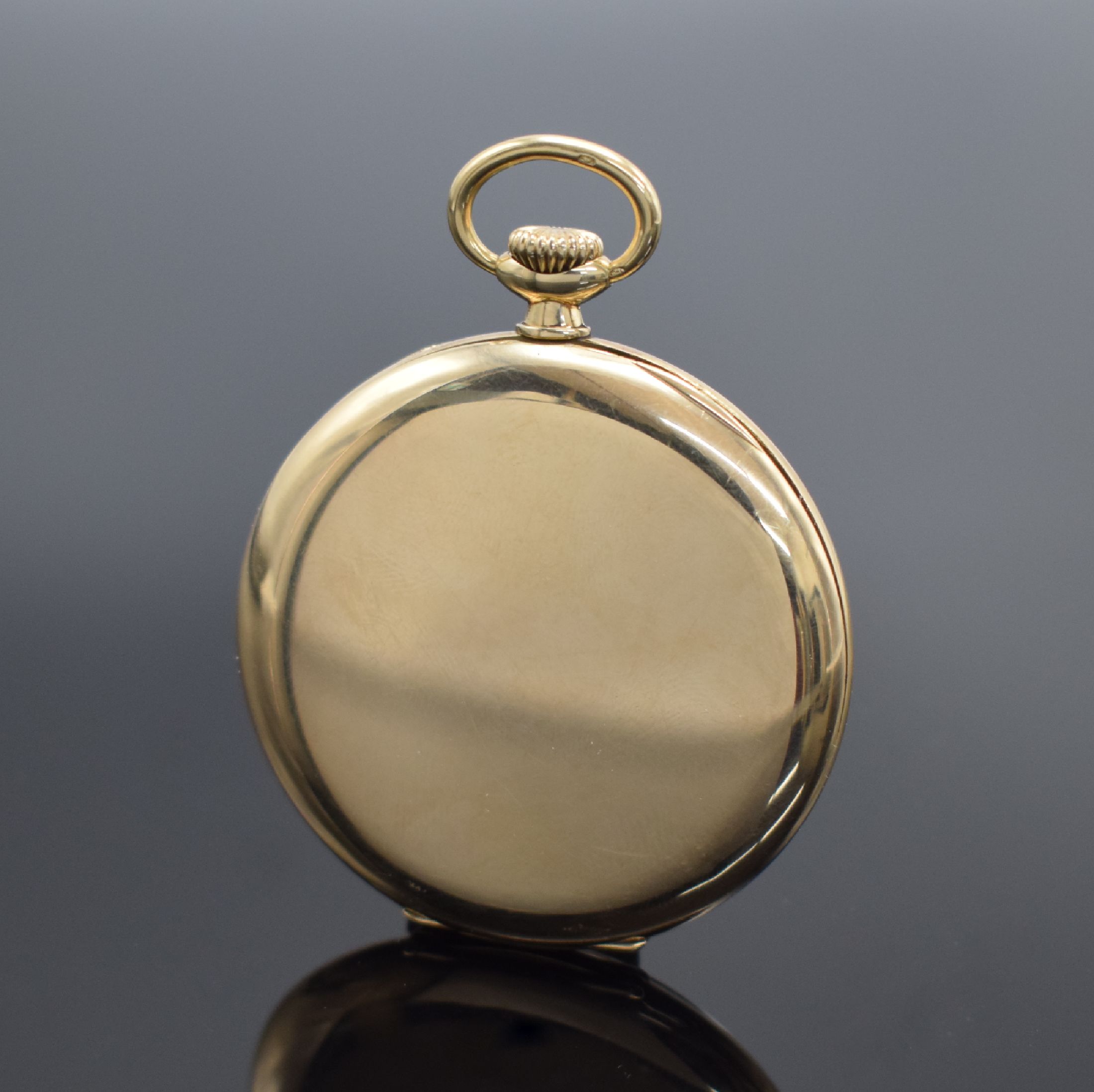 Detail a: IWC offene Taschenuhr in GG 585/000, Schweiz um 1930, glattes Geh., Scharnierboden, verg. Zifferbl. m. Breguetzahlen l. fl., kl. Sek. bei 6, gebl. ...