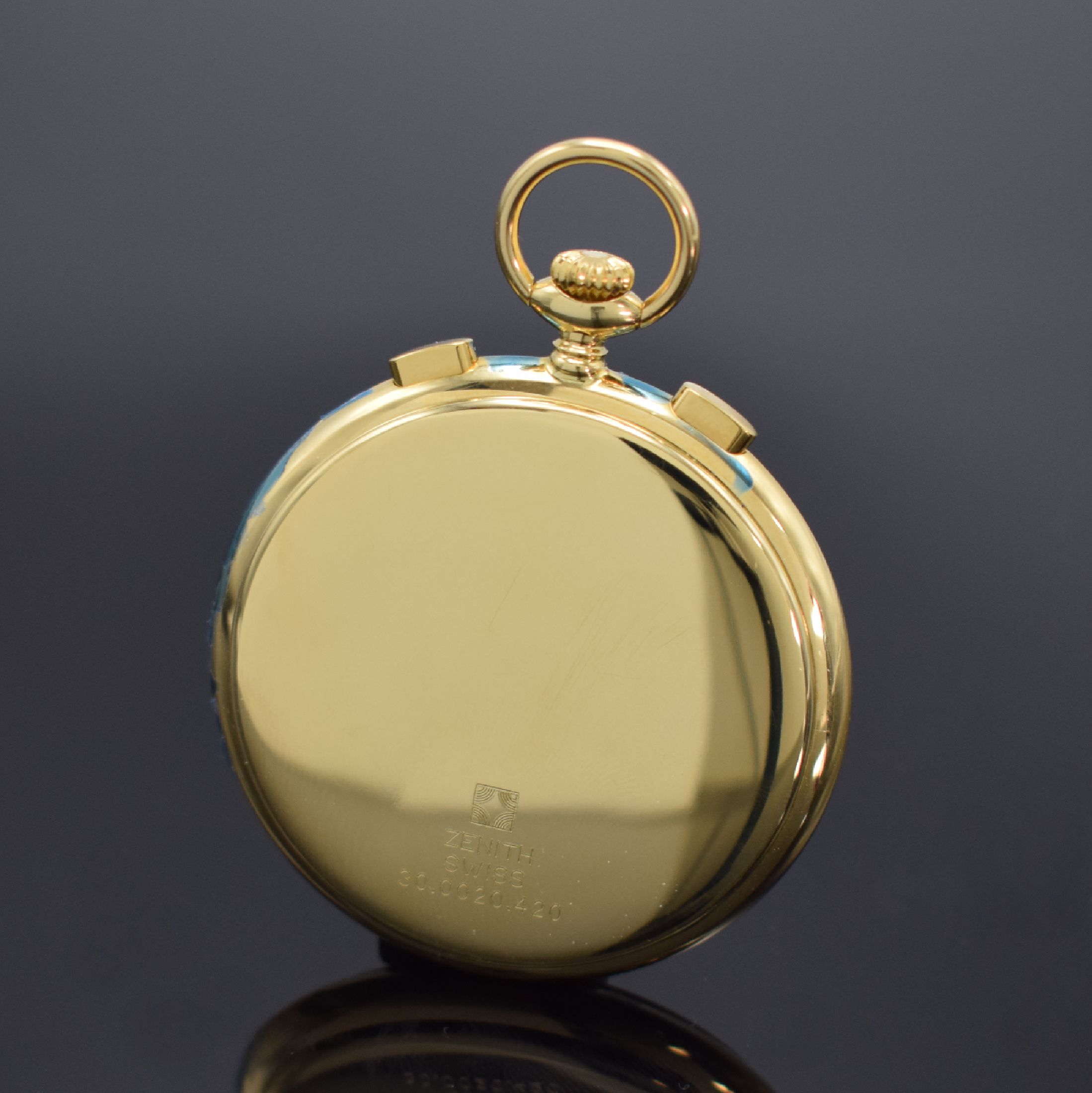 Detail a: ZENITH Prime offene Taschenuhr mit Chronograph in GG 750/000 Referenz 300020.420, Schweiz um 2000, Handaufzug, 3-teiliges Geh., Boden und Glasrand ...