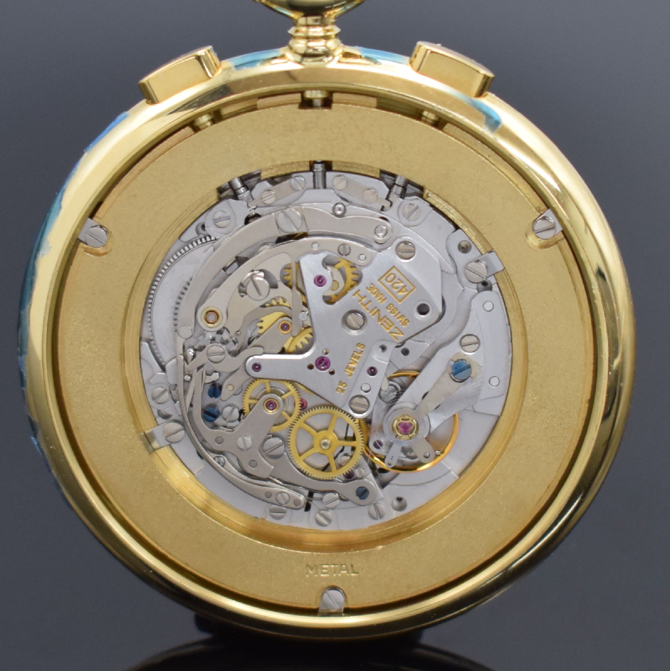 Detail b: ZENITH Prime offene Taschenuhr mit Chronograph in GG 750/000 Referenz 300020.420, Schweiz um 2000, Handaufzug, 3-teiliges Geh., Boden und Glasrand ...