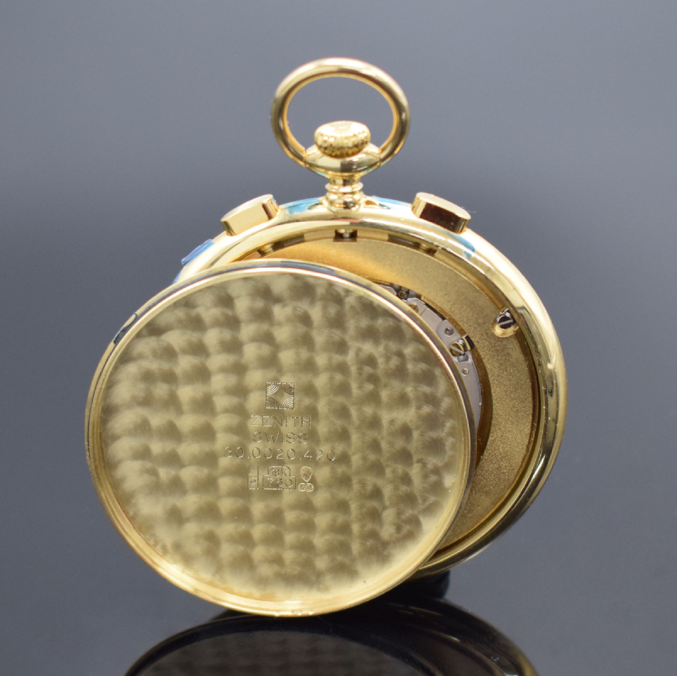 Detail c: ZENITH Prime offene Taschenuhr mit Chronograph in GG 750/000 Referenz 300020.420, Schweiz um 2000, Handaufzug, 3-teiliges Geh., Boden und Glasrand ...