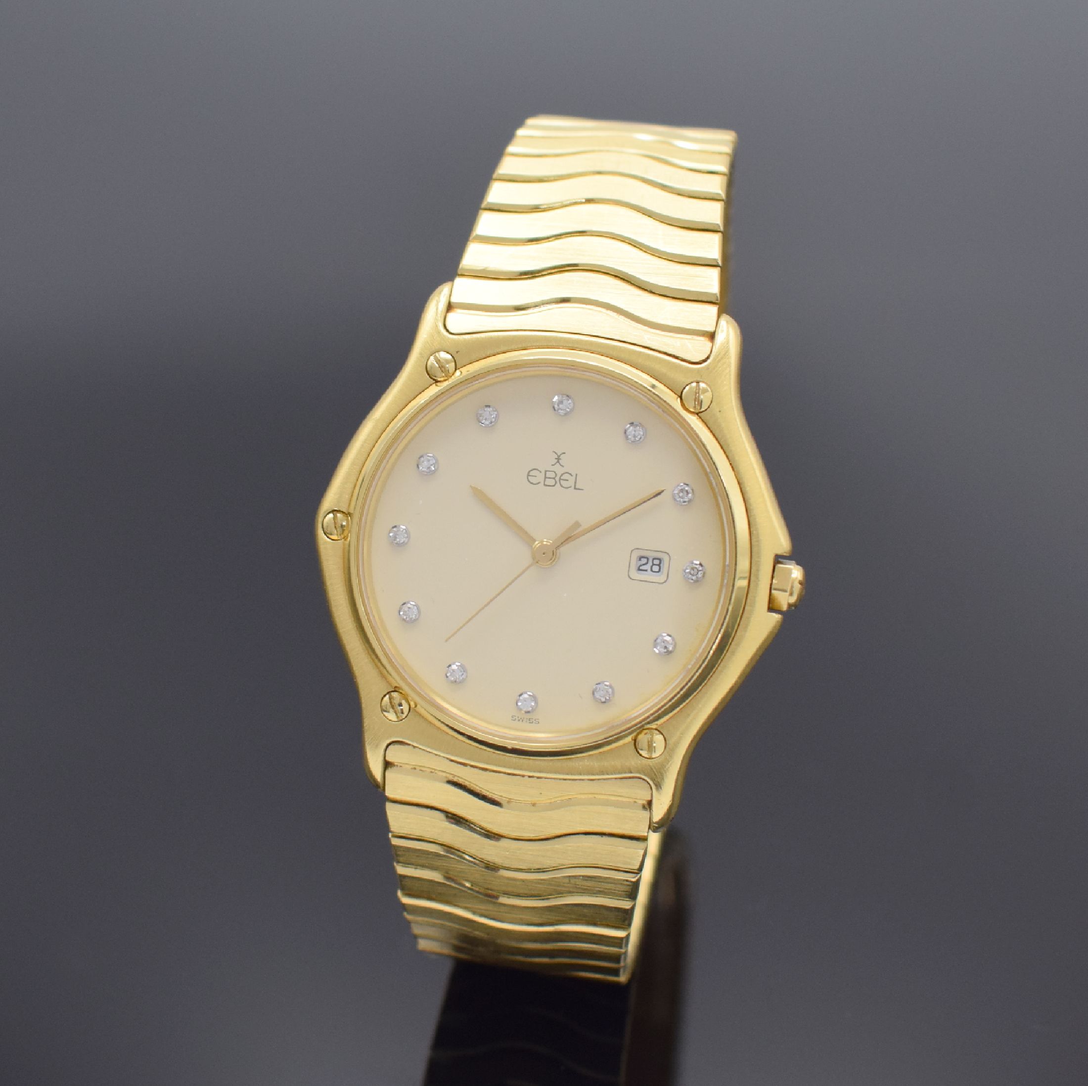 EBEL Armbanduhr Classic Wave in GG 750/000 Referenz 883903, Schweiz um 1995, massives, 2-teil. Geh. inkl. Wellengliederband m. Faltschl., Lünette ...