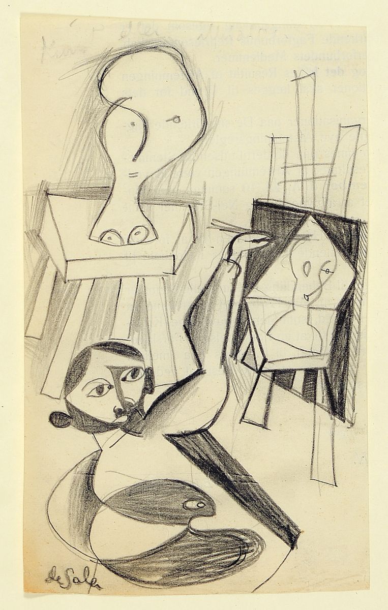 Eugène de Sala, 1899 Randers-1987 Kopenhagen, im Atelier, kubistische Darstellung, Bleistiftzeichnung, links unten signiert, 15.5x9.5cm, u.Gl., R. ...