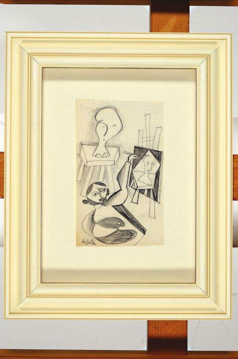 Detail k: Eugène de Sala, 1899 Randers-1987 Kopenhagen, im Atelier, kubistische Darstellung, Bleistiftzeichnung, links unten signiert, 15.5x9.5cm, u.Gl., R. ...