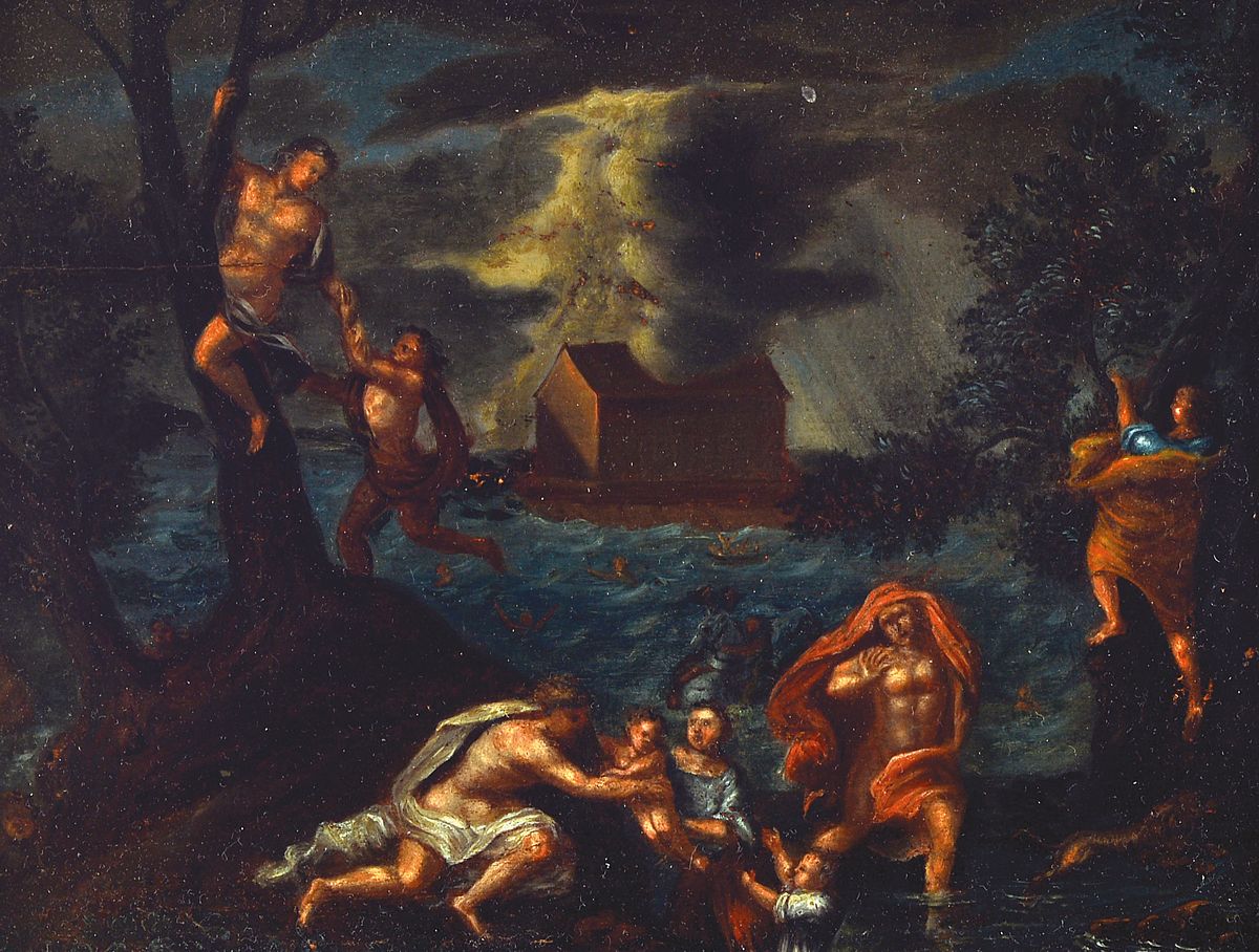Unbekannter Künstler, Niederlande, um 1760, vielfigurige Darstellung der Sintflut, dramatische Darstellung mit sich rettenden Menschen und ...