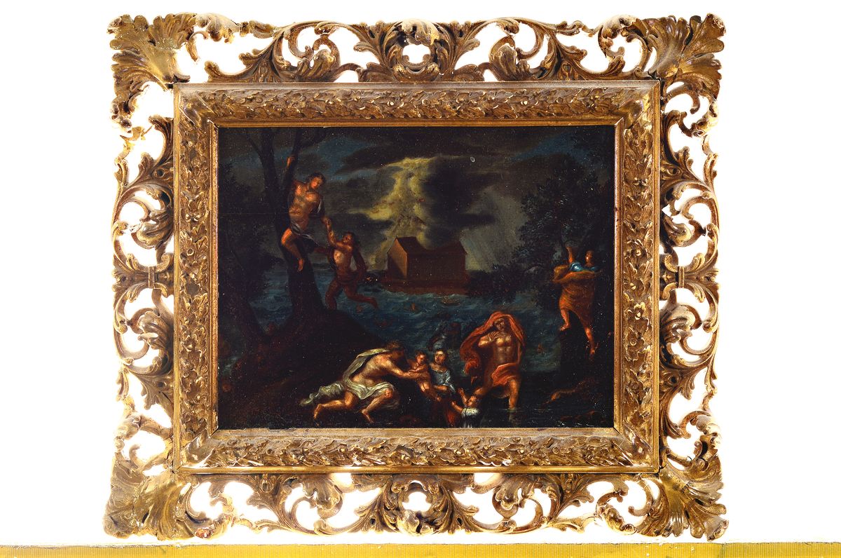 Detail k: Unbekannter Künstler, Niederlande, um 1760, vielfigurige Darstellung der Sintflut, dramatische Darstellung mit sich rettenden Menschen und ...