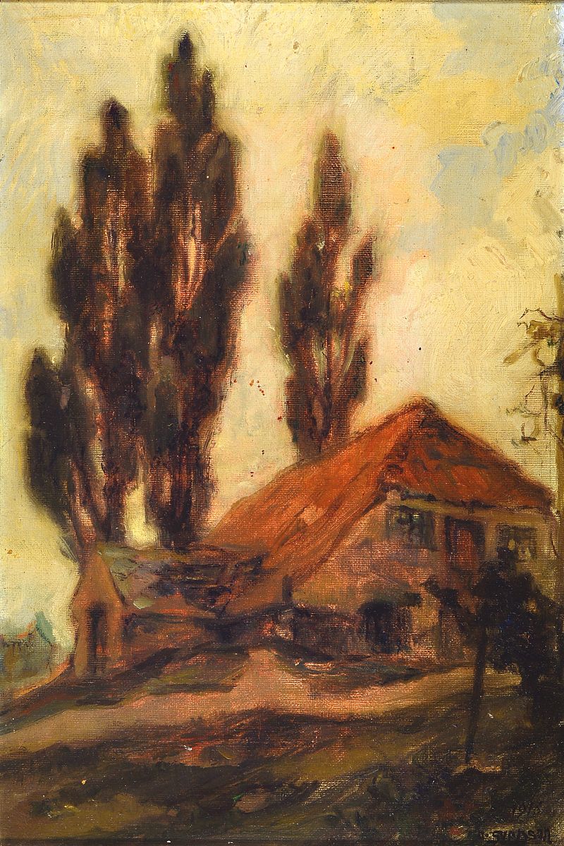 Ove Svenson, 1880 Jönköping/Schweden-1976 Dänemark, Pappeln hinter einem Bauernhaus, Öl/Lwd, rechts unten signiert und dat. 1916, ca. 35x24cm, R. ...