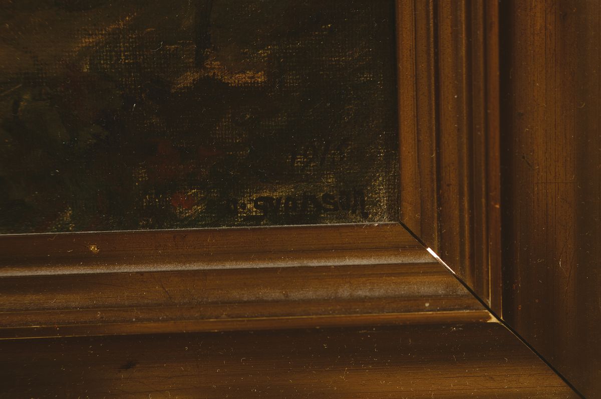 Detail a: Ove Svenson, 1880 Jönköping/Schweden-1976 Dänemark, Pappeln hinter einem Bauernhaus, Öl/Lwd, rechts unten signiert und dat. 1916, ca. 35x24cm, R. ...