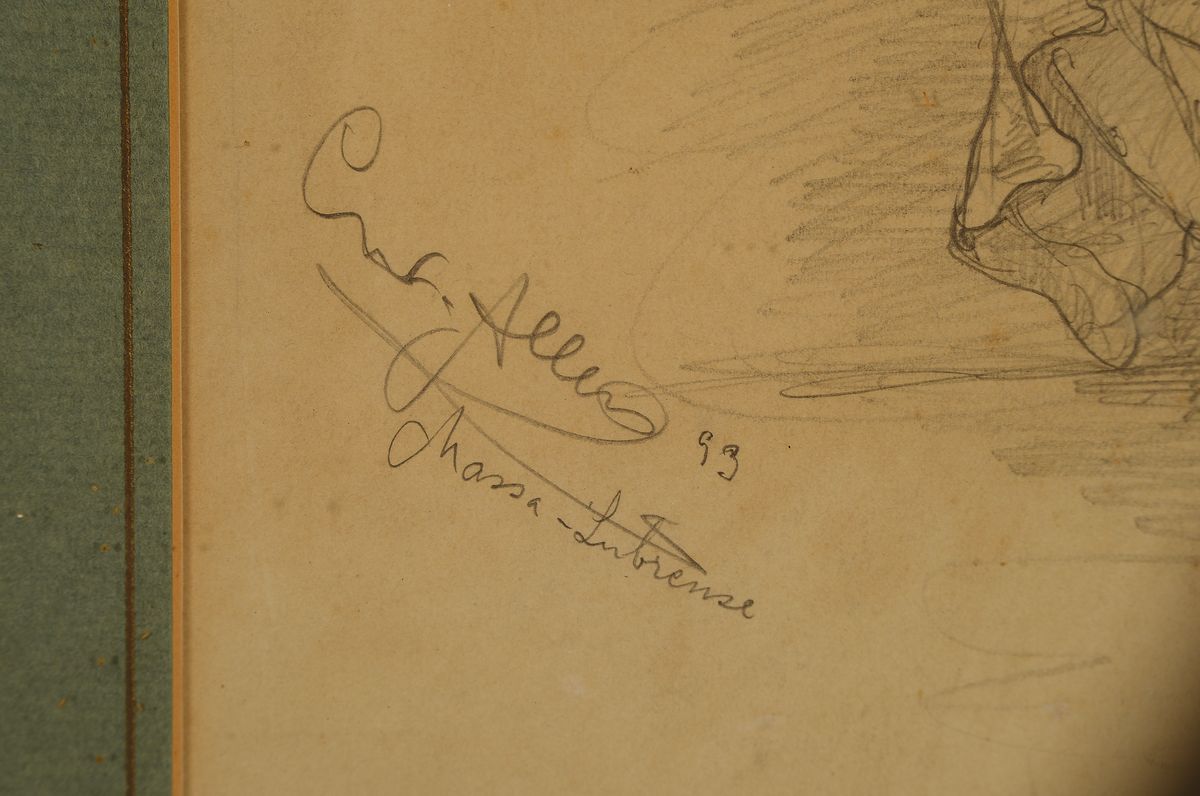Detail a: Christian Wilhelm Allers, 1857 Hamburg-1915 Karlsruhe, Mädchen mit großer Flasche, Bleistiftzeichnung auf Papier (gebräunt), bez.: in Massa ...