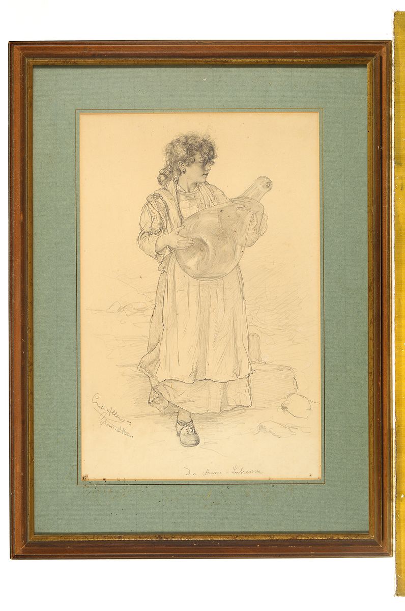 Detail k: Christian Wilhelm Allers, 1857 Hamburg-1915 Karlsruhe, Mädchen mit großer Flasche, Bleistiftzeichnung auf Papier (gebräunt), bez.: in Massa ...