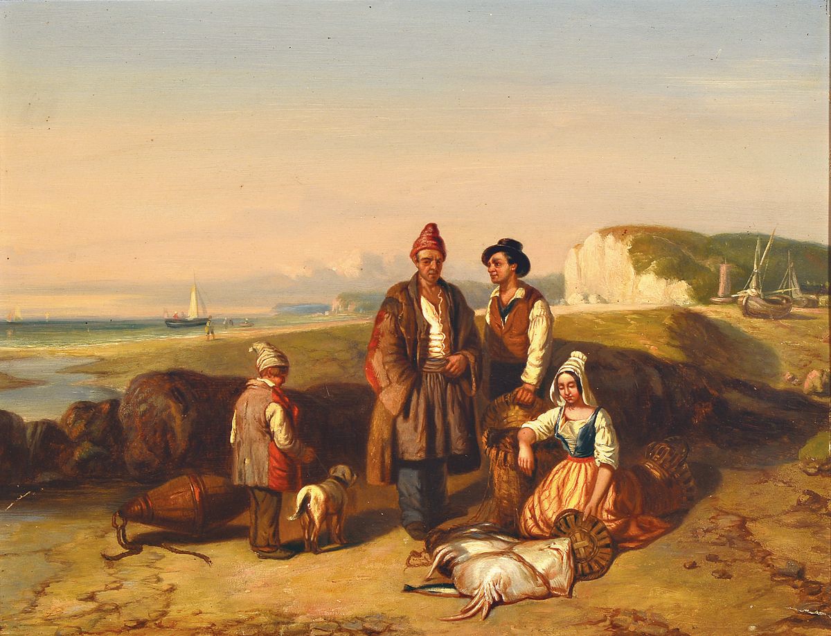 Unbekannter Künstler, Niederlande, um 1830-40, Fischer am Strand, Öl/Holz, ca. 35x46cm, R. ca. 54x64cm
