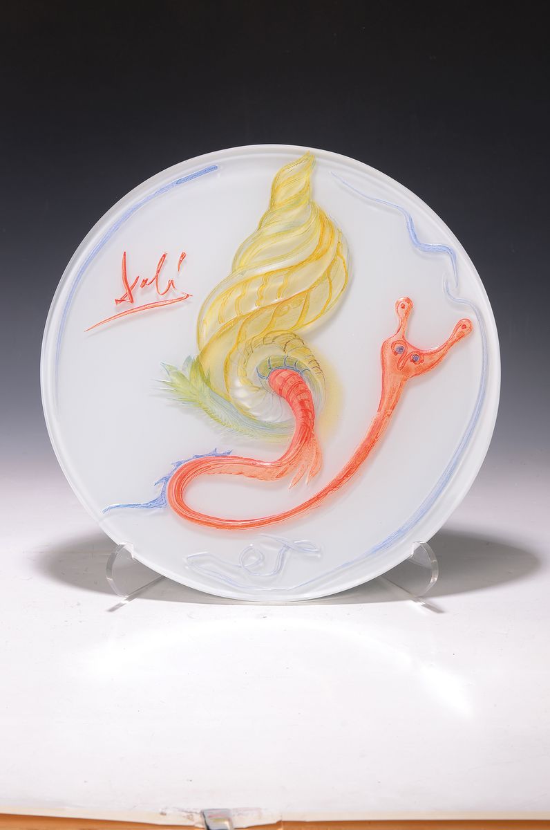 Rosenthal Jahresteller in Glas 1979 von Salvador Dali, num. 257/3000, D. ca. 37cm, in orig. Holzbox, mit Zertifikat