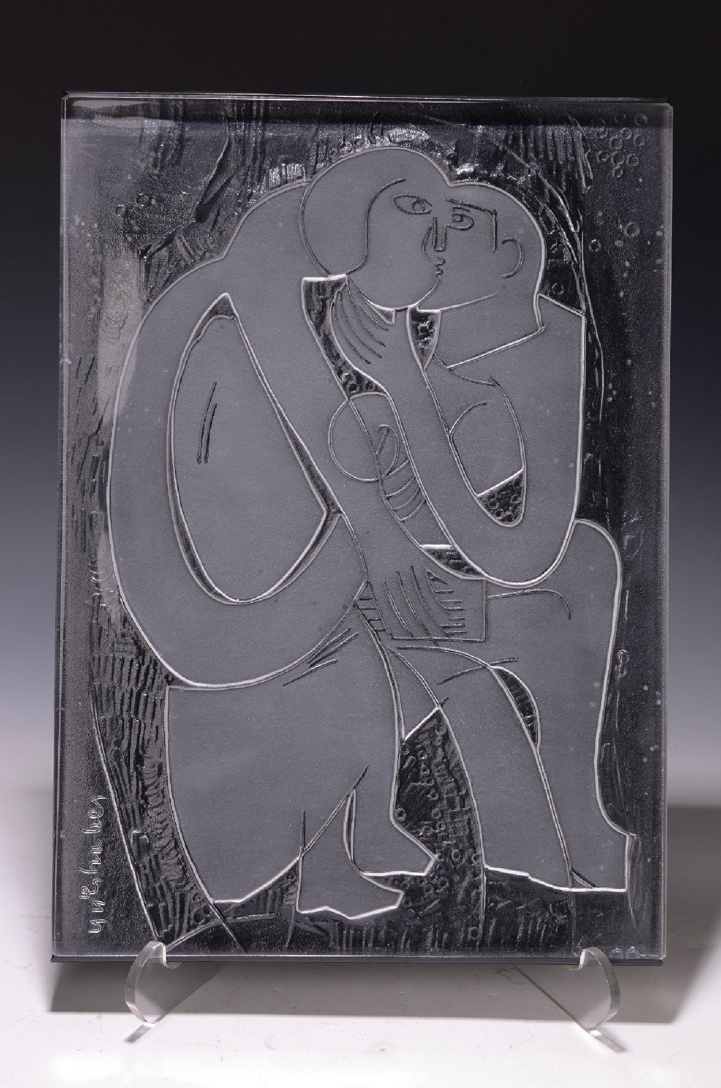 Rosenthal Jahresobjekt in Glas 1981, "Das Paar" von HAP Grieshaber, signiert und num. 747/3000, ca. 44x31cm, in orig. Holzbox, mit ...