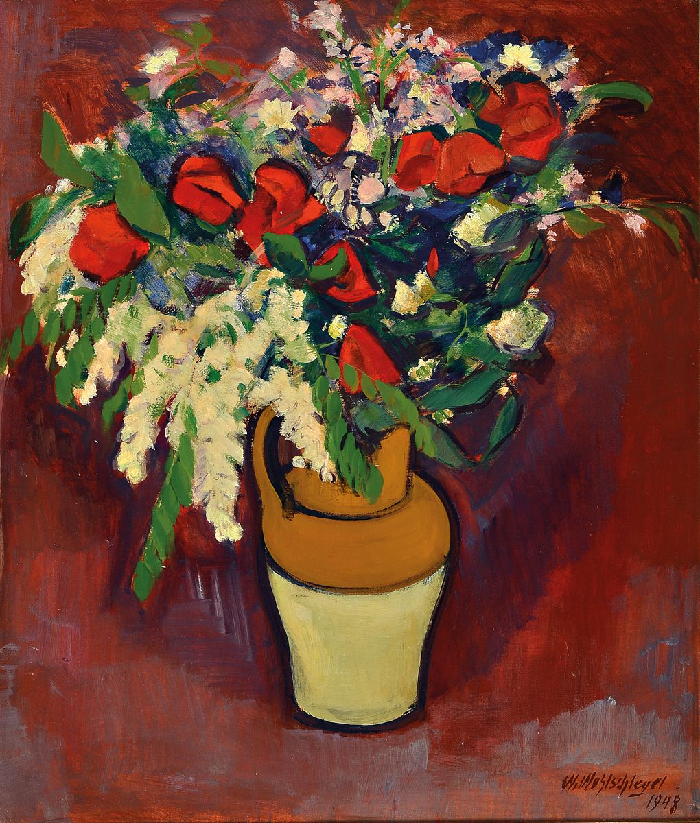 Walter Wohlschlegel, 1907 Lörrach - 1999 Freiburg, Studium in Karlsruhe, Meisterschüler von Albert Hauseisen, hier: Blumenstillleben von 1948, ...