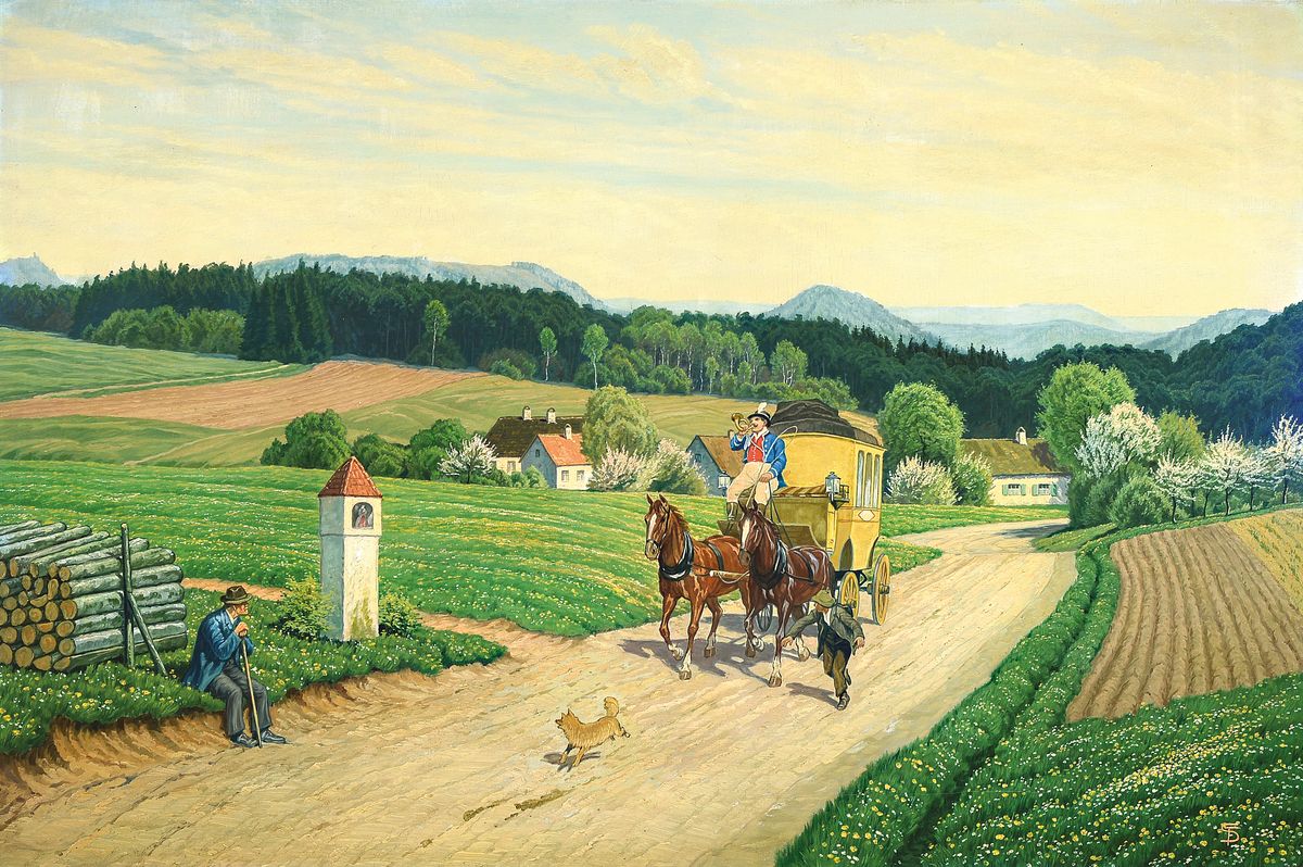 Monogrammist TS, süddeutsch Maler, erste Hälfte 20. Jh., Postkutsche in allgäuer Landschaft, Öl/Karton, ca. 68 x 102 cm