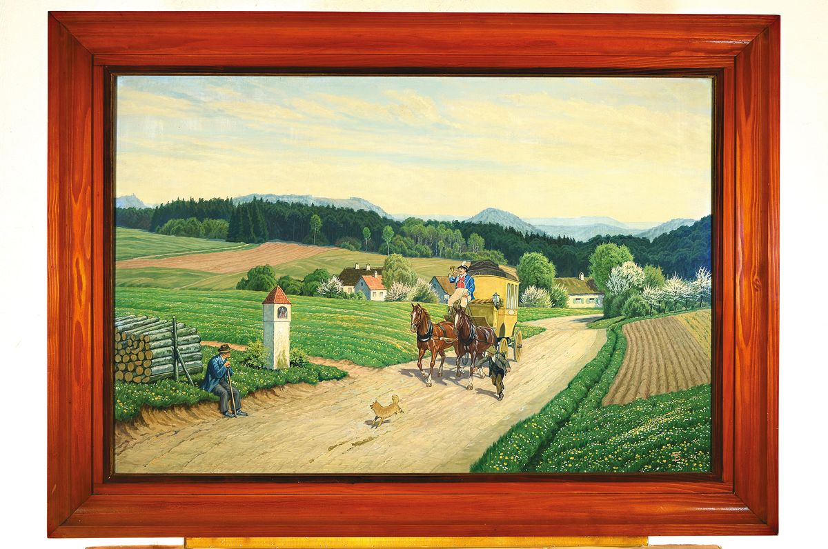 Detail k: Monogrammist TS, süddeutsch Maler, erste Hälfte 20. Jh., Postkutsche in allgäuer Landschaft, Öl/Karton, ca. 68 x 102 cm