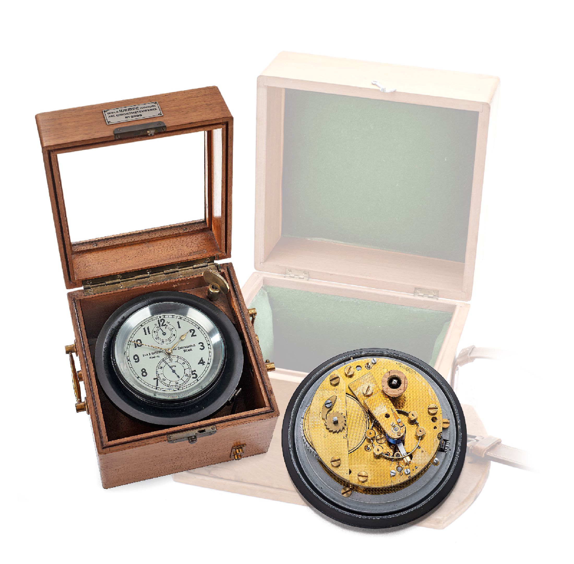 GERHARD D. WEMPE Abt. Chronometerwerke seltenes Luftwaffen-Bodenchronometer mit Ankerhemmung Nr. 2899, Deutschland um 1942, 2-tlg., nummern-gleiche ...