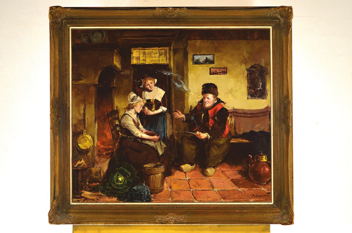 Detail k: Gerhard Dickmeis, 1918 Heinsberg - 1978 Jülich, Interieur in der Stube, Öl/Lwd, unleserlich signiert, ca. 70 x 80 cm, Rahmen