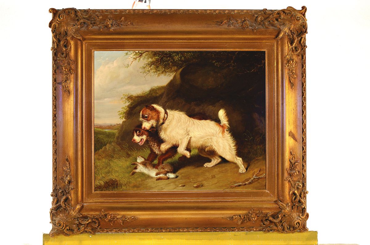 Detail k: Martin Theodore Ward, 1799 London - 1874, Schüler von Edwin Landseer, einer der angesehensten Tiermaler Großbritanniens, zwei Terrier beim erlegen ...