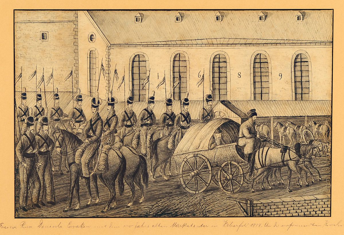 Detail a: M.Mayr, erste Hälfte 19. Jh., zwei Ansichten von russischen Kosaken in Elberfeld 1913/14, Tusche/Aquarell, beide bezeichnet a."Ankunft der 3. ...