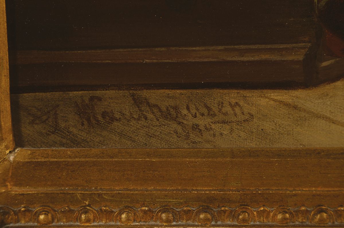 Detail a: J. Wauthausen, wohl Elsässer Maler, datiert 1894, Hochzeitsvorbereitung, die junge Braut wirft noch einen letzten Blick in den Spiegel, dahinter ...
