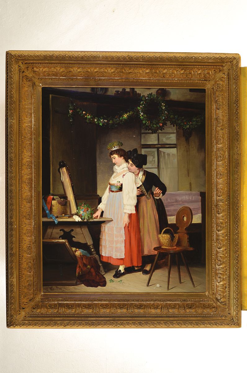 Detail k: J. Wauthausen, wohl Elsässer Maler, datiert 1894, Hochzeitsvorbereitung, die junge Braut wirft noch einen letzten Blick in den Spiegel, dahinter ...