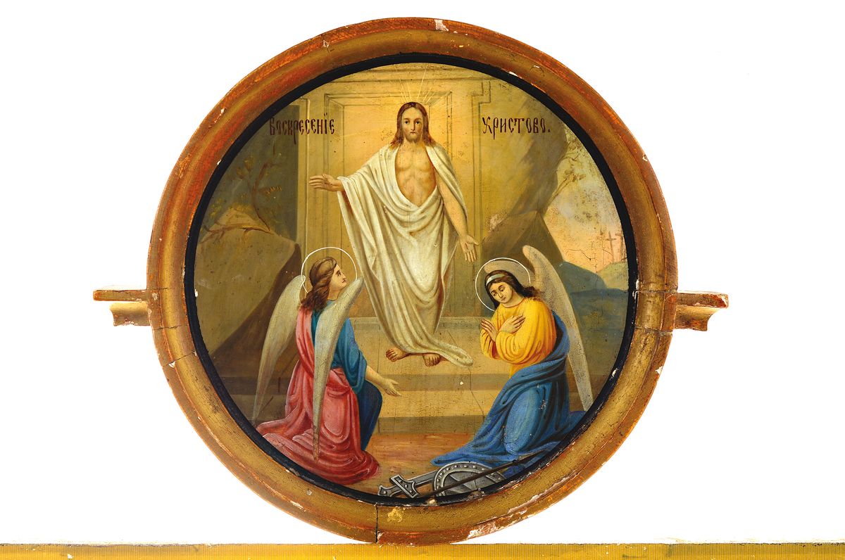 Detail k: Ikone, Russland, um 1900, Jesus mit zwei Engel, rund, Eitempera/Holz, Rahmen, 38 x 42 cm