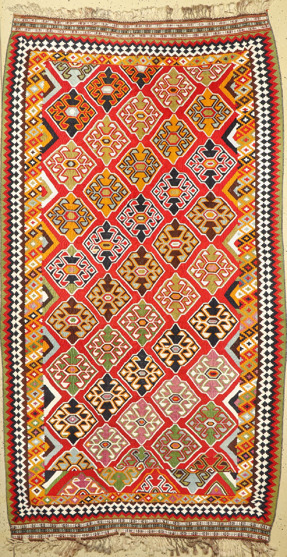Ghaschgai Kelim alt, Persien, um 1940, Wolle auf Wolle, ca. 310 x 170 cm, EHZ: 2, (mit Baumwoll-Highlight)
