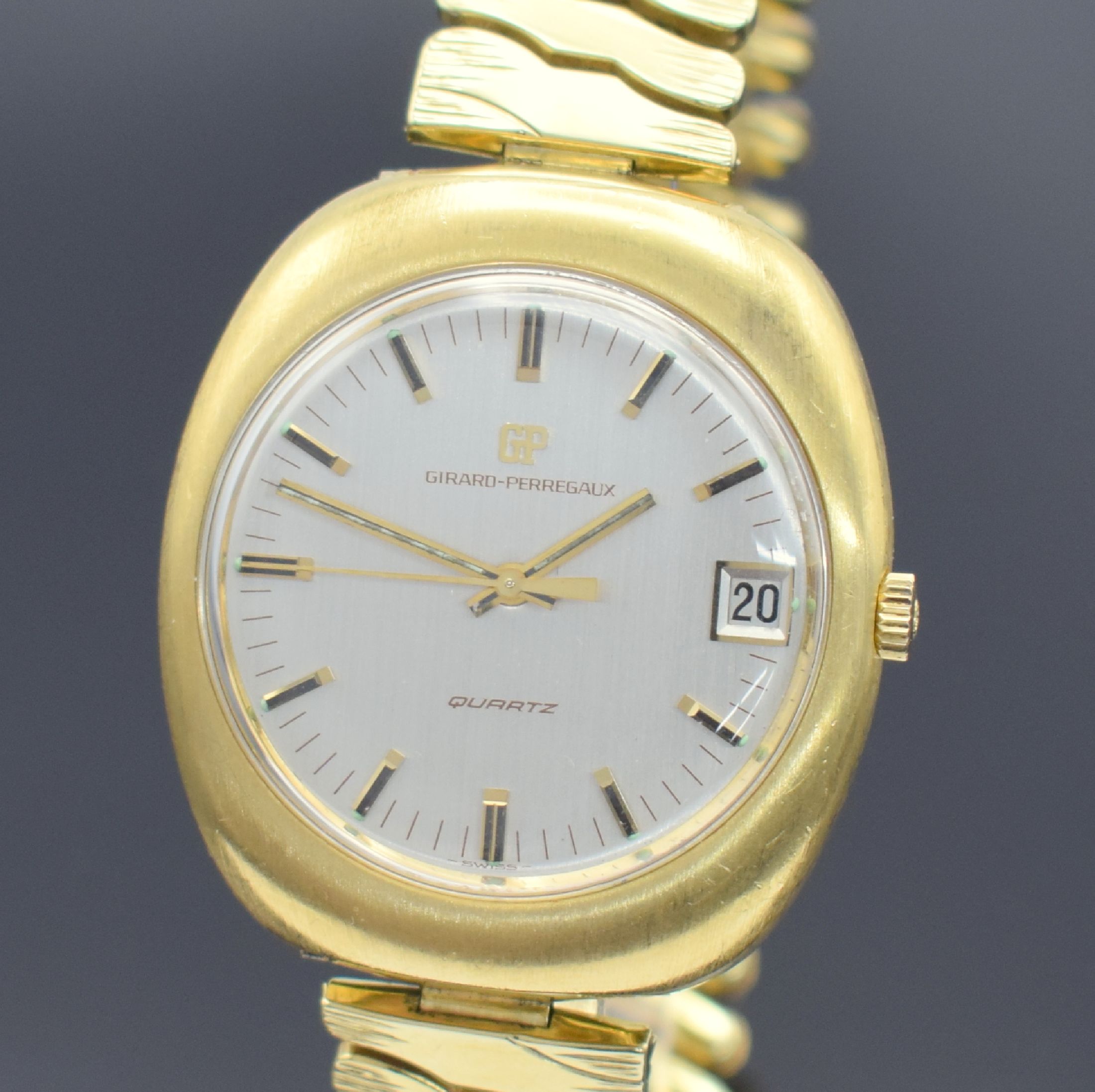 Detail a: GIRARD PERREGAUX seltene Herrenarmbanduhr in GG 750/000 Referenz 9444 an GG 585/000 Elasto-Fixo Band, Schweiz um 1973, massives Geh., Boden verschr., ...