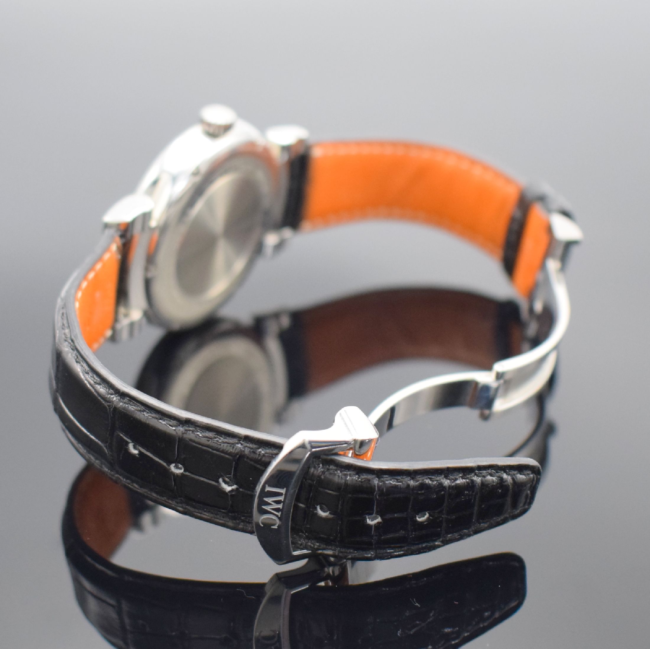 Detail b: IWC Da Vinci Herrenarmbanduhr in Stahl Referenz 3566, Schweiz um 2015, Automatik, Boden 6-fach verschr., orig. Lederband m. orig. Faltschl., silb. ...