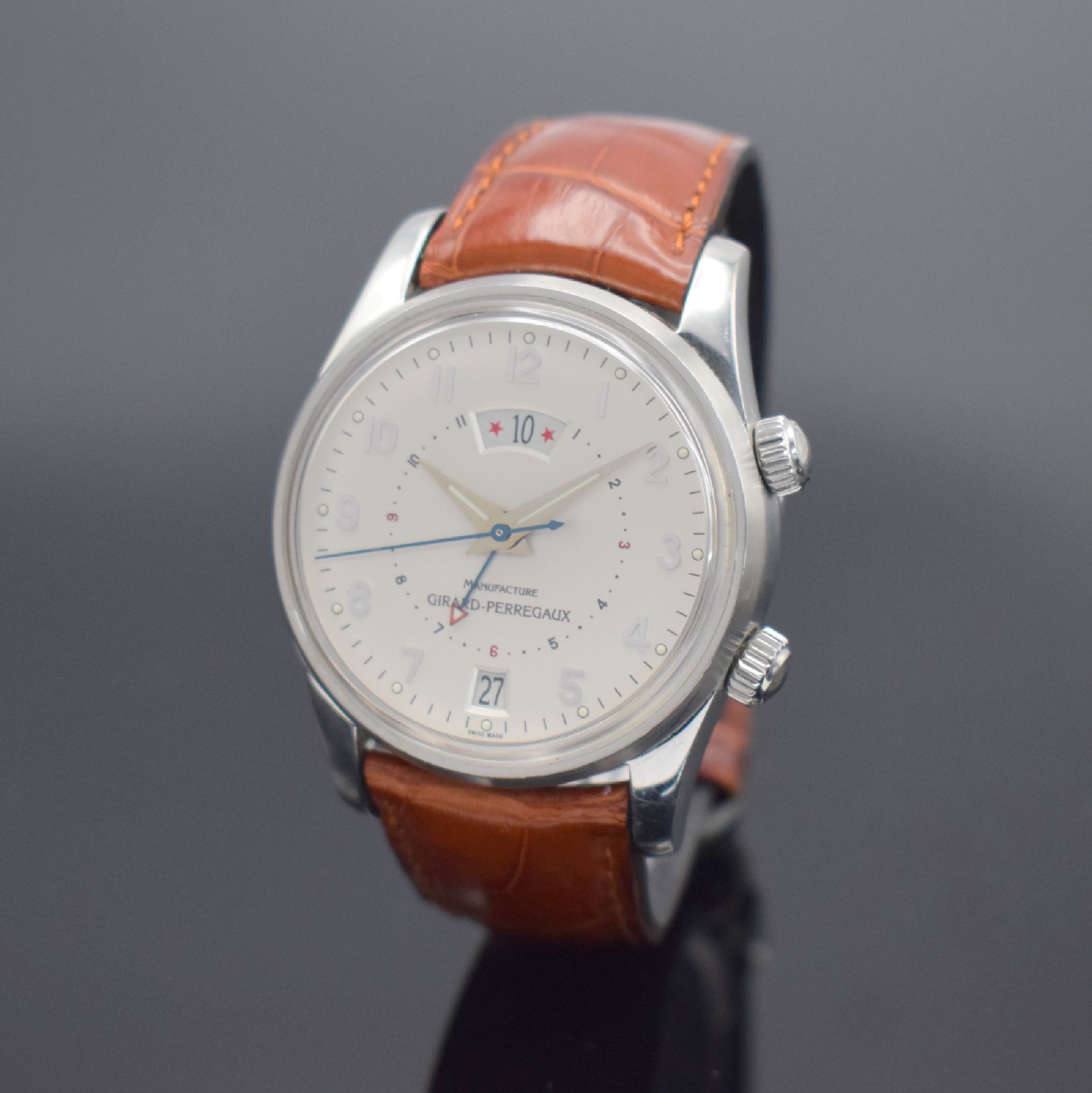 GIRARD PERREGAUX Traveller II Herrenarmbanduhr mit Alarm in Stahl Referenz 4940, Schweiz verk. lt. Pap. 08/2001, Automatik, Boden 6- fach verschr., ...
