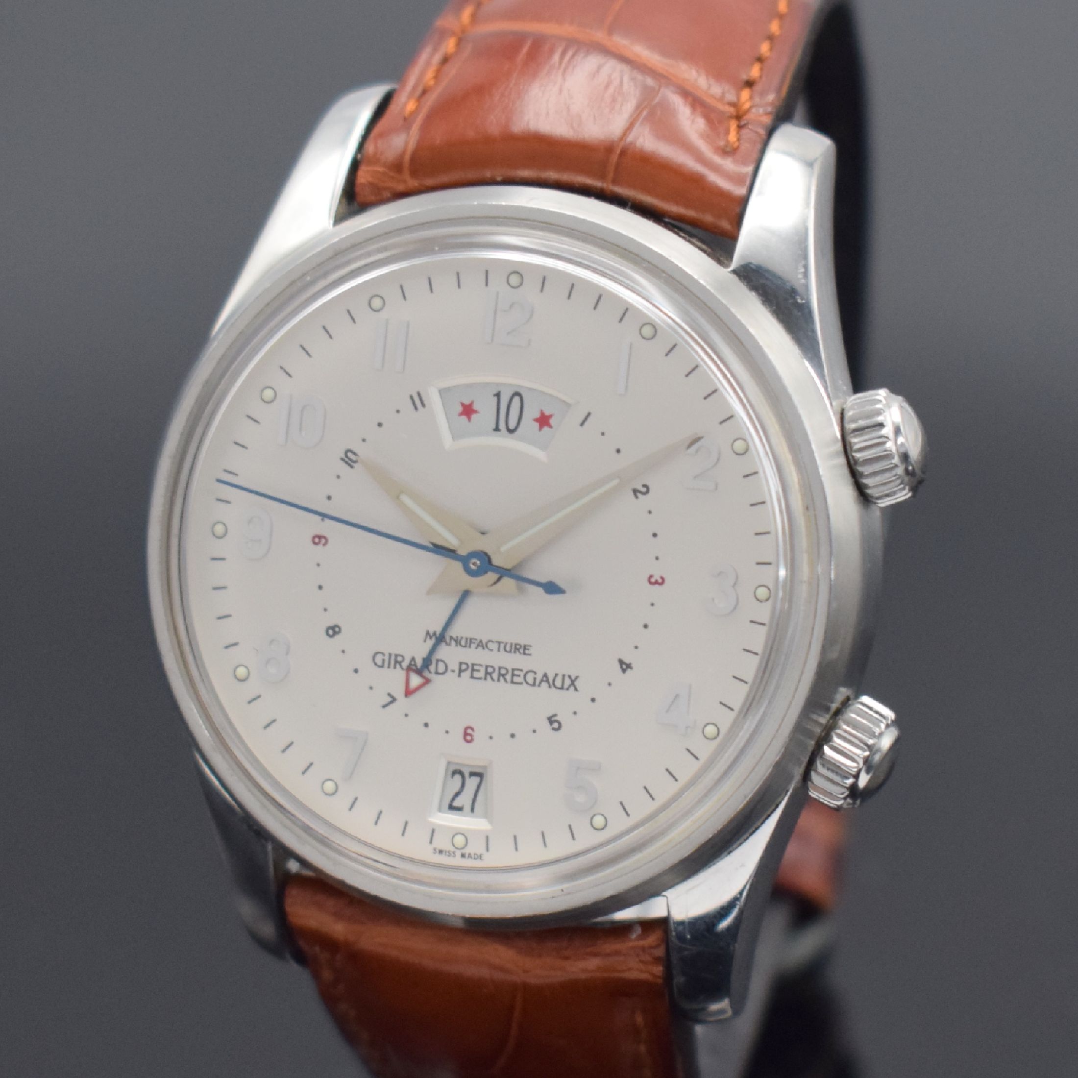 Detail a: GIRARD PERREGAUX Traveller II Herrenarmbanduhr mit Alarm in Stahl Referenz 4940, Schweiz verk. lt. Pap. 08/2001, Automatik, Boden 6- fach verschr., ...