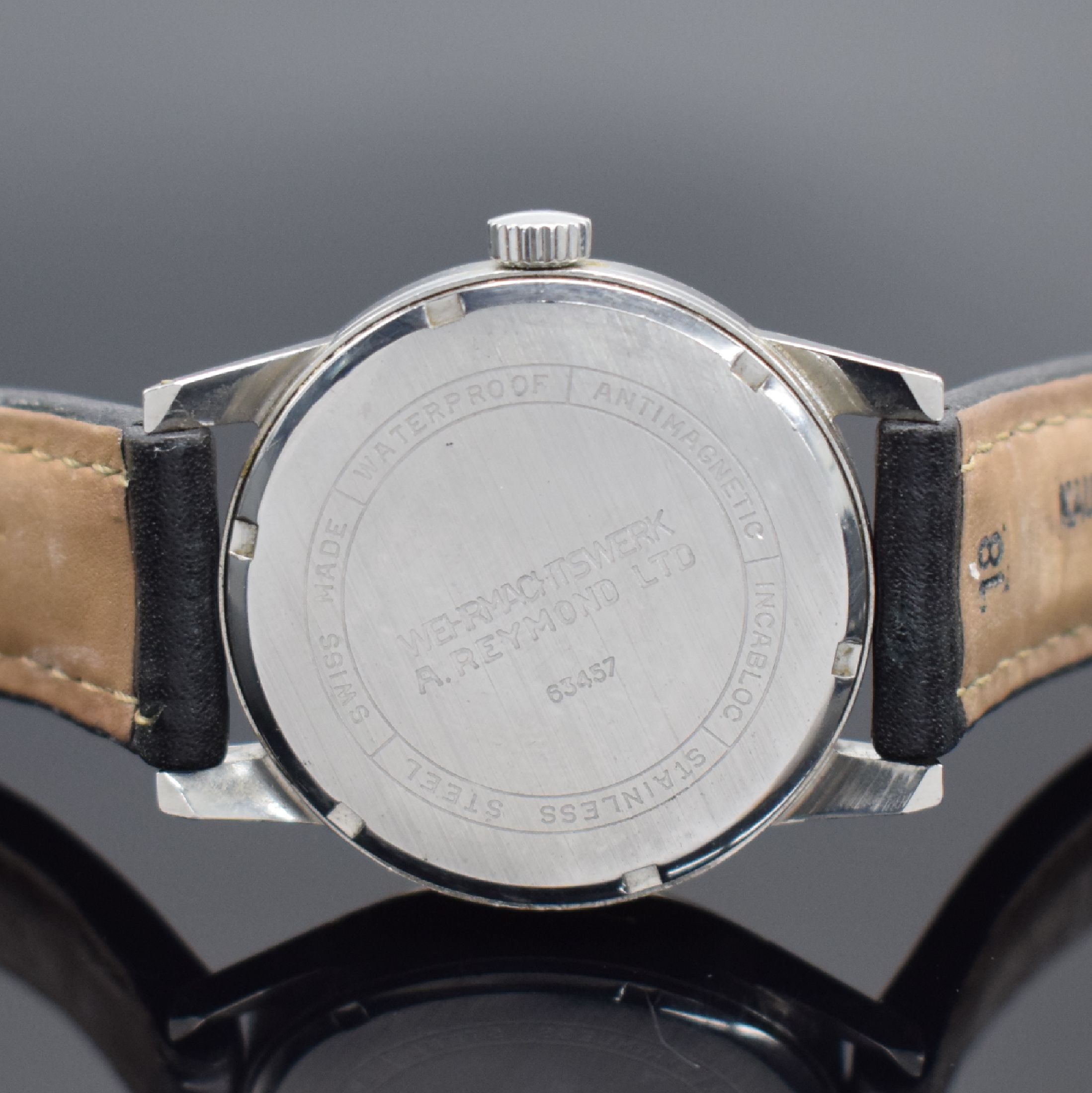 Detail c: ARSA Super Herrenarmbanduhr in Stahl, Schweiz um 1960, Handaufzug, verschr. Boden sign. "Wehrmachtswerk A.Reymond LTD", schwarzes ...