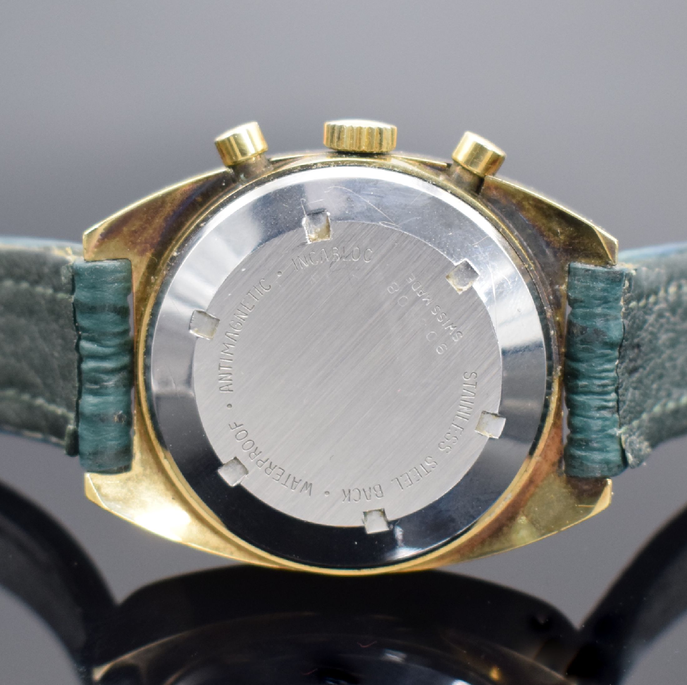 Detail c: BWC vergoldeter Herrenchronograph, Schweiz verk. lt. beil. Garantie 01/1990, Handaufzug, Geh. teils angel., Boden verschr., silb. Zifferbl. m. ...